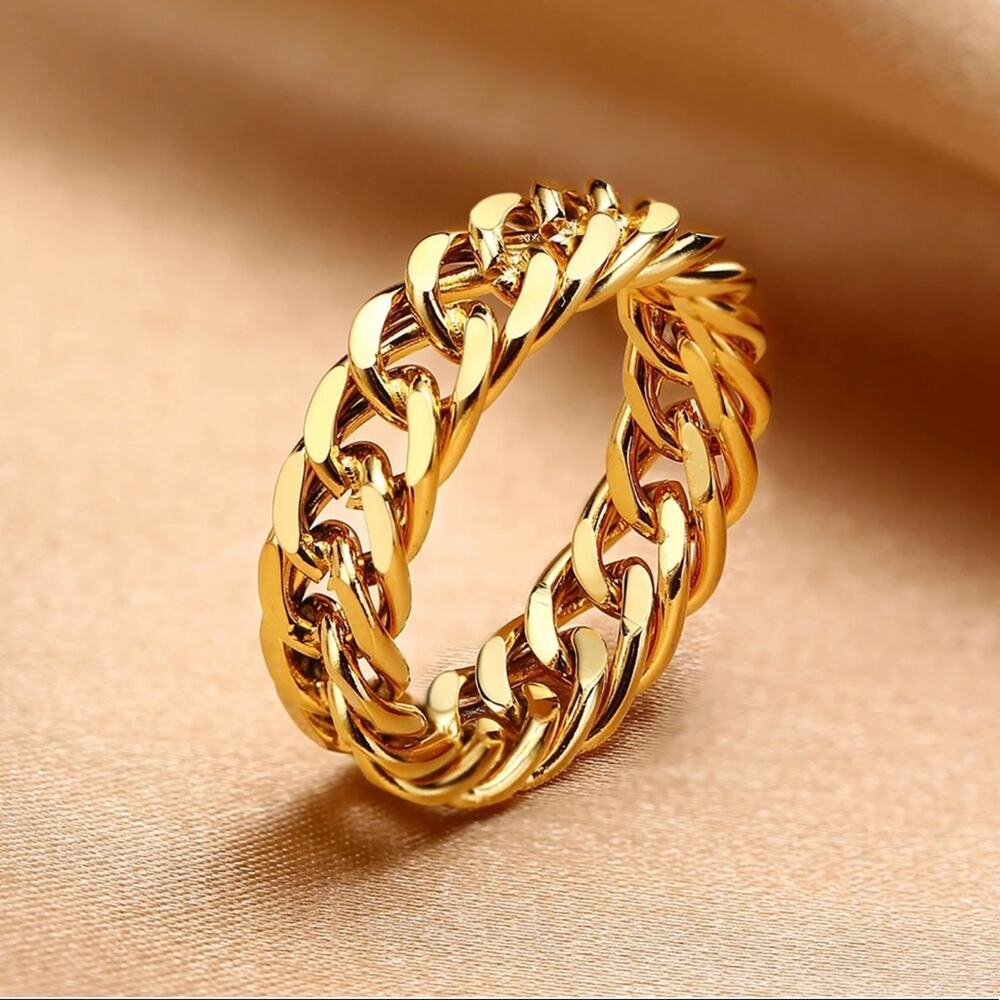 18K gold plated Cuban link chain 5mm ring jewelry size 7 B20 - Picture 2 of 4